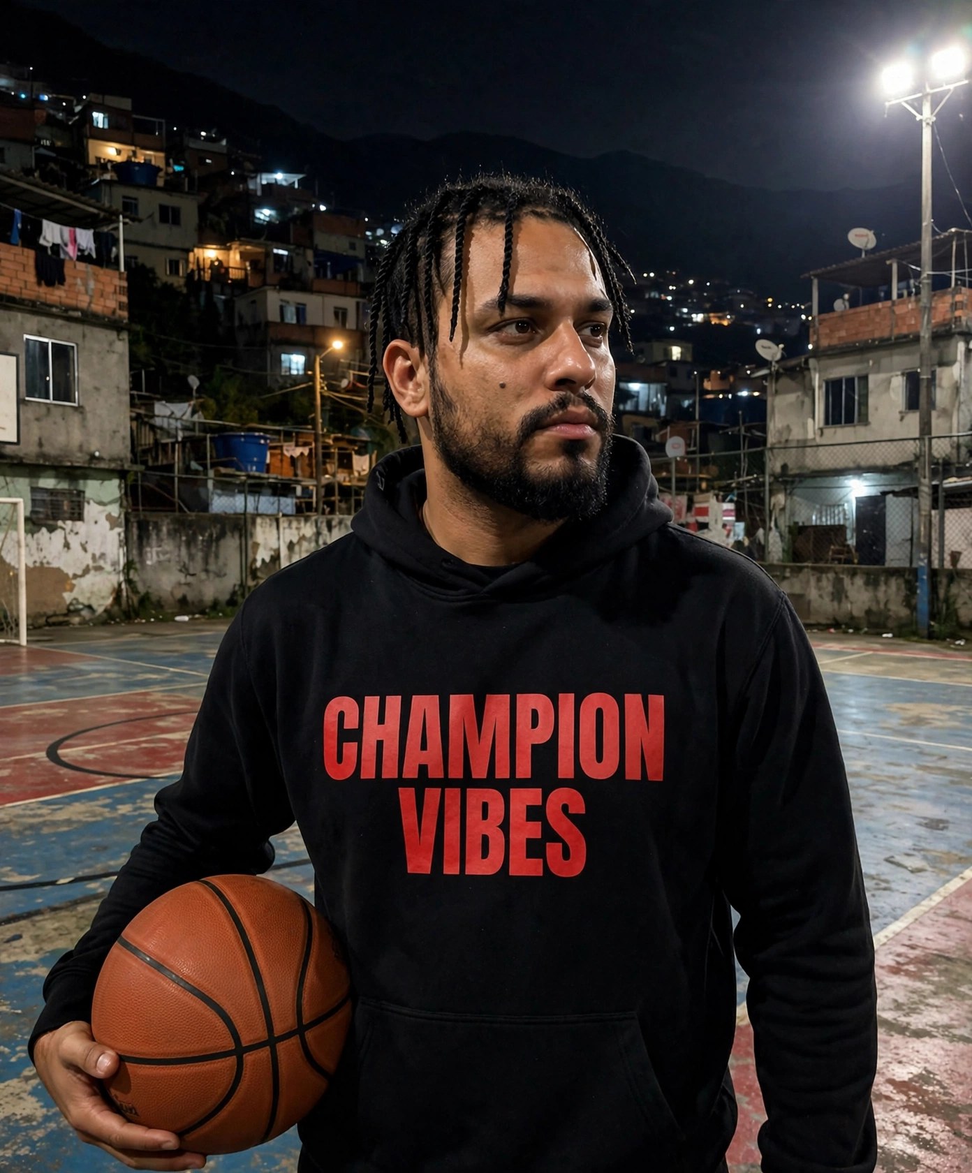 Emre Urgenc, founder of Champion Vibes, on a favela basketball court at night wearing a black CHAMPION VIBES hoodie with the red wordmark, holding a basketball