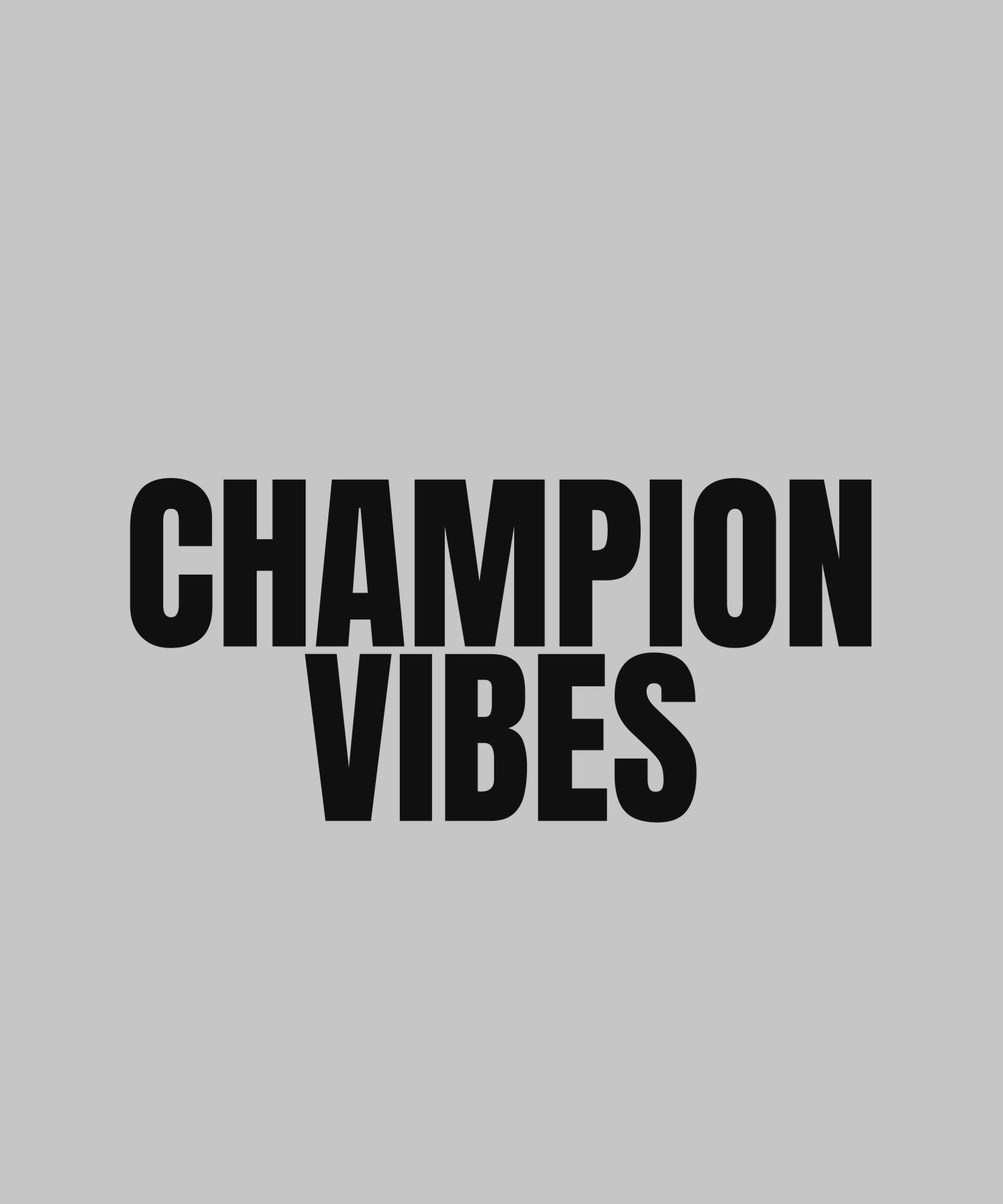 CHAMPION VIBES wordmark in black on sport grey — tee